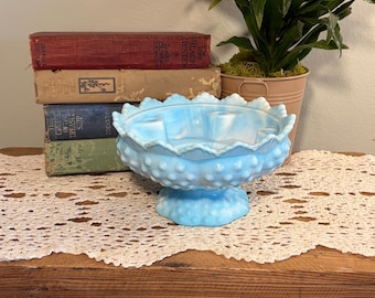 Vintage Fenton Blue Slag Glass Pedestal Candle Bowl