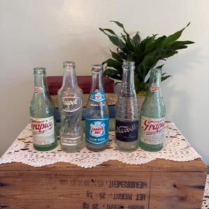 May include: Five vintage glass soda bottles arranged in a row. Two green Frapico bottles with red and white labels, one clear Grapette bottle with a white label, one clear Canada Dry Club Soda bottle with a blue label, and one clear Nesbitt's bottle.