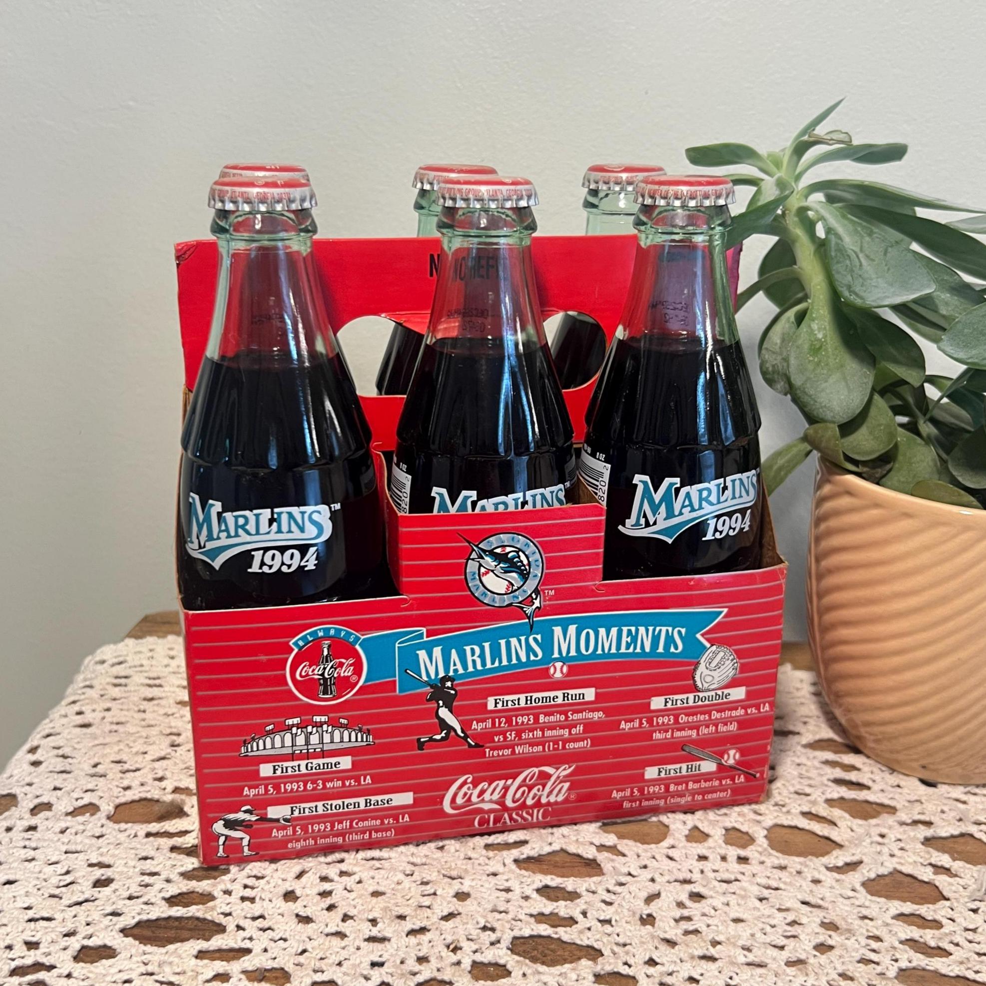 Vintage 1994 Florida Marlins Coca Cola Glass Bottles, Set of 6 Vintage 1994 Florida Marlins Coca Cola Glass Bottles, Set of 6