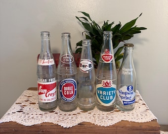 Vintage Soda Pop Bottles, Suncrest, Double Cola, Bar-B, Variety Club, Simpson Spring