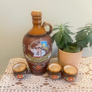 Vintage Ukraine Decanter Cups Ukranian Gorilochka Horilka Bottle Cottage Country Mancave Bar Decor
