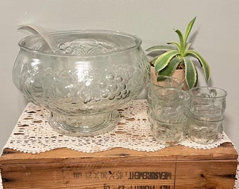 Vintage Glass Punch Bowl With Cups