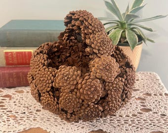 Vintage Handmade Pinecone Basket with Handle Decorative Home Cottage Country Farmhouse Decor