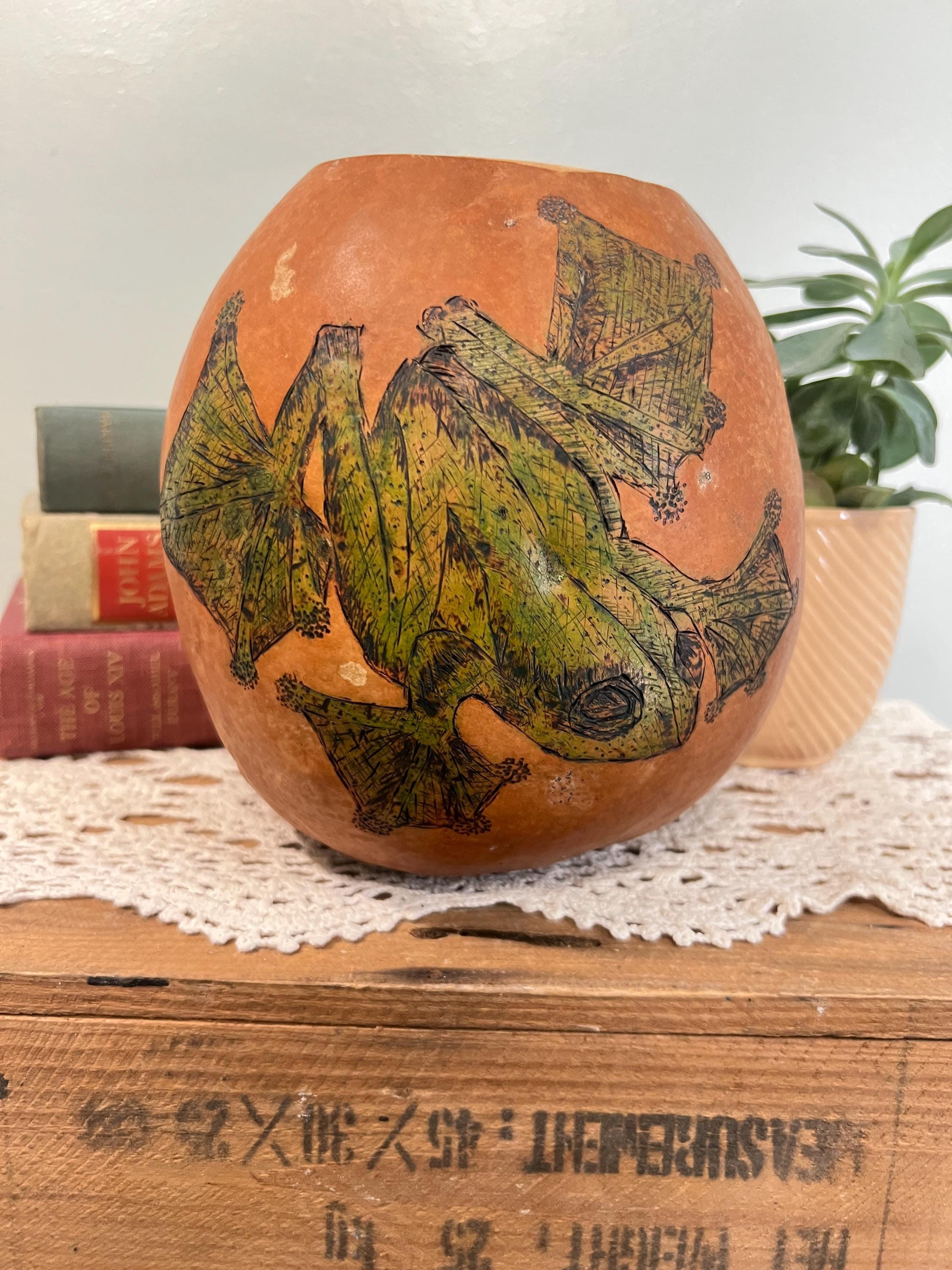 Vintage Hand Carved & Painted Frog Gourd Art - Etsy Israel