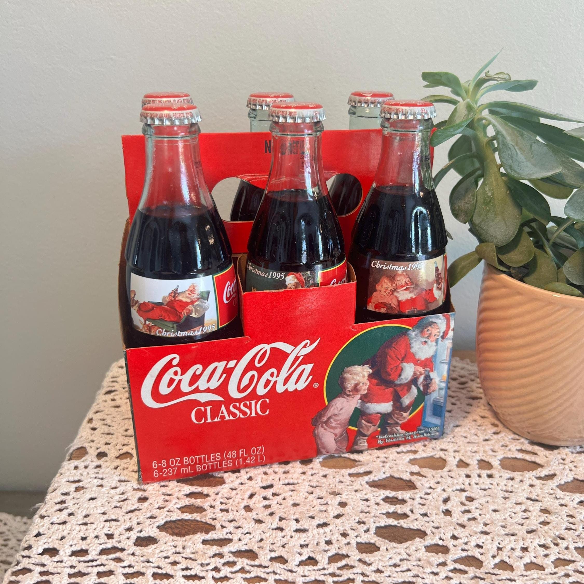 Vintage Christmas 1995 Santa Coca Cola Lot of 6 Glass Bottles W