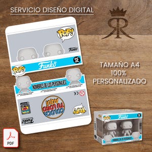 Może przedstawiać: Reklama usługi projektowania cyfrowego z figurkami Funko Pop! i makietami opakowań. Obraz zawiera hiszpański tekst, taki jak "SERVICIO DISEÑO DIGITAL" i "TAMANO A4 100% PERSONALIZADO". Pokazano również gotowy produkt.
