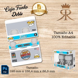 Op de afbeelding: Een digitaal ontwerp voor een dubbele Funko Pop-box, met het Funko-logo en de tekst "NAMES / NOMBRES". De afmetingen van het ontwerp zijn 195 mm x 158,4 mm x 86,5 mm en het is 100% bewerkbaar. De tekst "Tamaño A4" is ook zichtbaar.