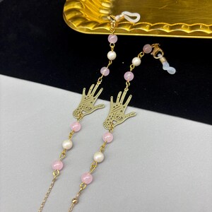 Catena per occhiali con motivo a palma, catena per occhiali con perline rosa, catena antiscivolo per occhiali da sole