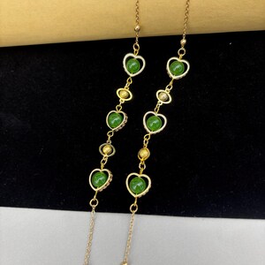 Corrente de óculos com armação em formato de coração de ouro 18K, corrente de óculos com contas de jade verde,