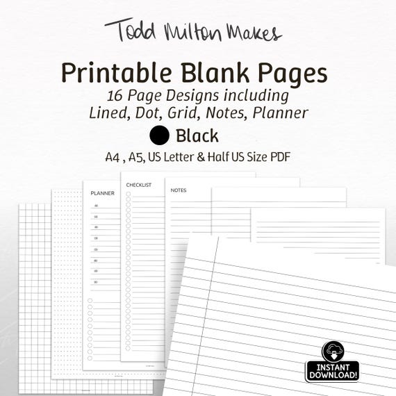 Black Printable Basic Lined Paper Pack. Dotted & Grid Paper, Study Notes Taking Pages, Planner, Letter Paper, A4 A5 US Letter Sizes