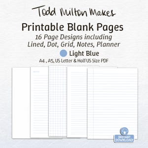 May include: Printable blank pages with various designs, including lined, dot, grid, notes, and planner layouts. The text indicates the pages are available in A4, A5, US Letter, and Half US sizes. The color scheme is light blue and white.