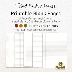 Puede incluir: Páginas en blanco imprimibles de Todd Milton, con 11 diseños en 3 colores. Incluye páginas rayadas, regladas, punteadas, gráficas y de diario. El diseño está en 3 colores otoñales terrosos y disponible en formatos A4, A5, US Letter y Half US Size PDF. Descarga instantánea.