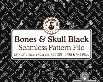 Patrón sin costuras de esqueleto, huesos y calavera negra dibujada a mano. Arte digital de Halloween para diario basura. Patrón para tela y fondo.