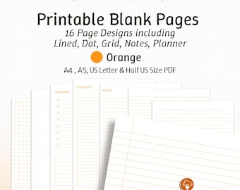 Orange Printable Ruled Paper Pack. Blank Lined Dot & Grid Paper, Study Notes, Journal Pages, Planner, Letter Paper, A4 A5, US Letter Sizes