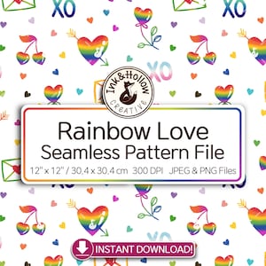May include: A seamless pattern digital download featuring a rainbow heart, cherries, and the text "XO" on a white background. The pattern is 12 inches by 12 inches and 300 DPI. The file is available in JPEG and PNG formats.