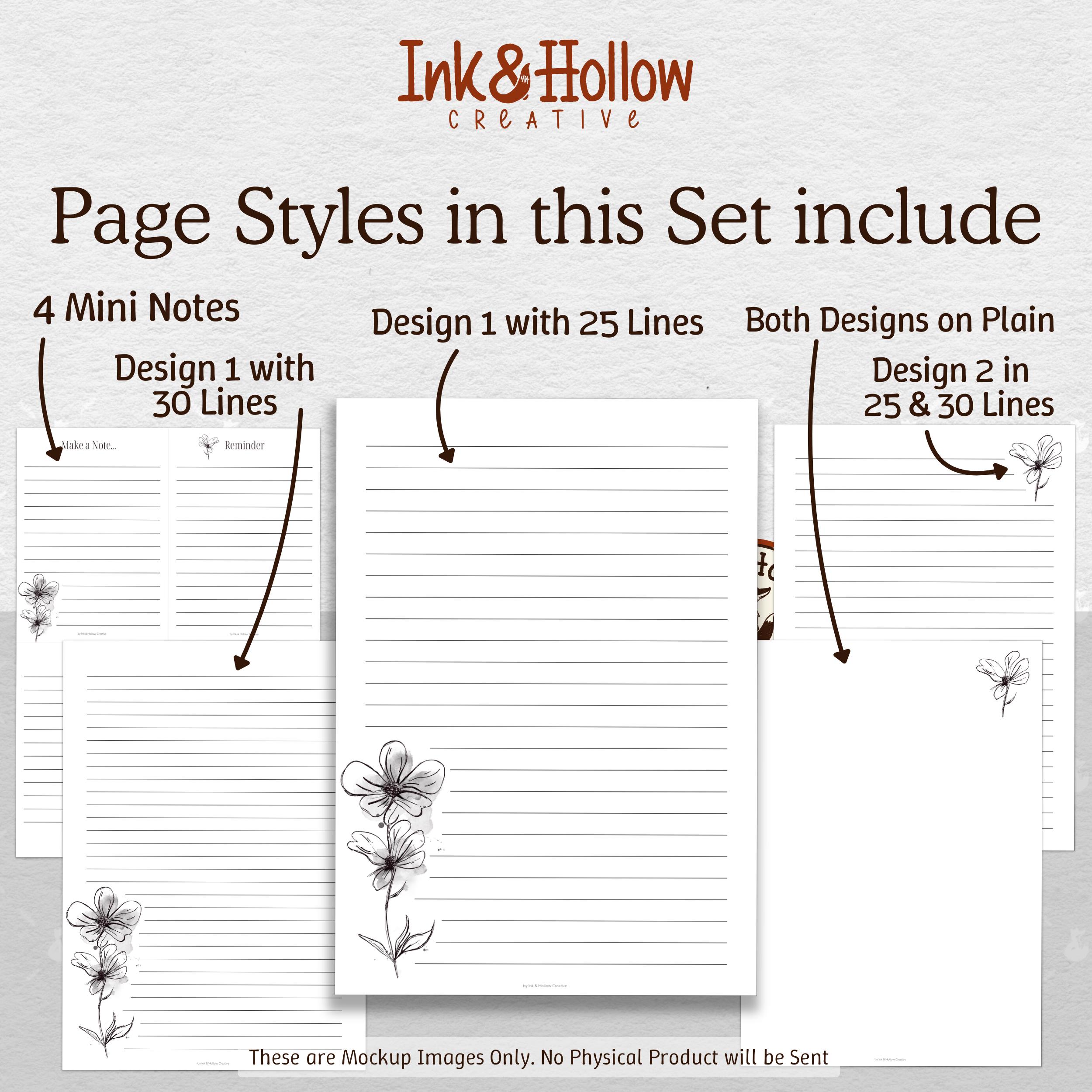 Printable Inky Flower Letter Writing Set Printable Lined Stationery. Hand Drawn Inky ...