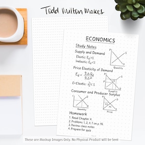May include: A top-down view of two dot grid paper sheets with economics notes and diagrams. The text "Todd Milton Makes" is at the top. One sheet has "ECONOMICS" and "Study Notes" with graphs. The other sheet is blank. A cup of coffee and a plant are in the background.