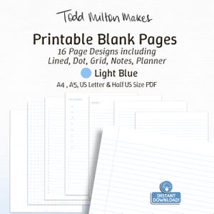Paquete de papelería imprimible azul claro. Papel rayado, punteado y cuadriculado en blanco, para notas de estudio, listas de tareas, agendas, diarios, tamaños A4, A5 y Carta estadounidense.