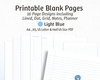 Light Blue Printable Stationary Pack. Blank Lined Dot & Grid Paper, Study Notes, To Do List, Planner, Journal Pages, A4 A5 US Letter Sizes