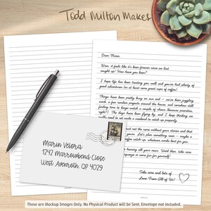 May include: A mockup image featuring stationery. A handwritten letter, an envelope addressed to Marin Velora, a black pen, and lined paper are arranged on a wooden surface. The envelope has a postage stamp and the text "Marin Velora 1242 Marrowbend Close West Avenroth. QP 4029".