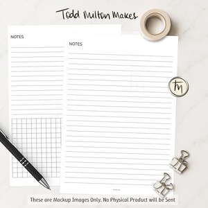 May include: Two white lined paper sheets with the word "NOTES" printed at the top. A black pen, a roll of tape, and two silver binder clips are also visible. The text "Todd Milton Makes" is at the top, and "These are Mockup Images Only. No Physical Product will be Sent" is at the bottom.