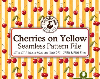 Patrón de cerezas sin costuras PNG, cerezas rojas dibujadas a mano sobre rayas doradas amarillas, patrones frutales repetidos, papel imprimible digitalmente, papel de regalo