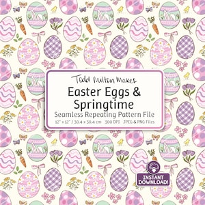 Op de afbeelding: Een naadloos herhalend patroonbestand met paaseieren en lentemotieven. Het ontwerp bevat eieren met verschillende patronen, wortelen, bloemen en vlinders in pastelkleuren. Het bestand is 30,4 cm x 30,4 cm groot en direct te downloaden.