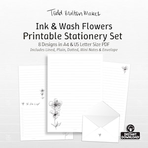 Könnte beinhalten: Ein druckbares Schreibwaren-Set mit dem Titel Ink & Wash Flowers von Todd Milton Makes. Es enthält 8 Designs als A4- und US-Letter-PDF, darunter linierte, unlinierte, gepunktete Blätter, Mini-Notizen und Umschläge mit schwarzen Blumenillustrationen.