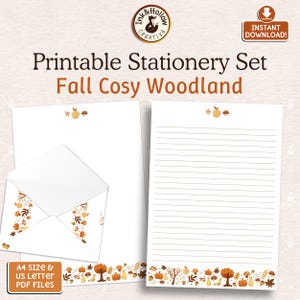 Könnte beinhalten: Druckbares Briefpapier-Set mit Herbstthema. Das Set enthält ein liniertes Blatt, ein leeres Blatt und einen Umschlag. Das Design zeigt Kürbisse, Bäume und Blätter. Der Text auf dem Bild lautet "Fall Cosy Woodland".