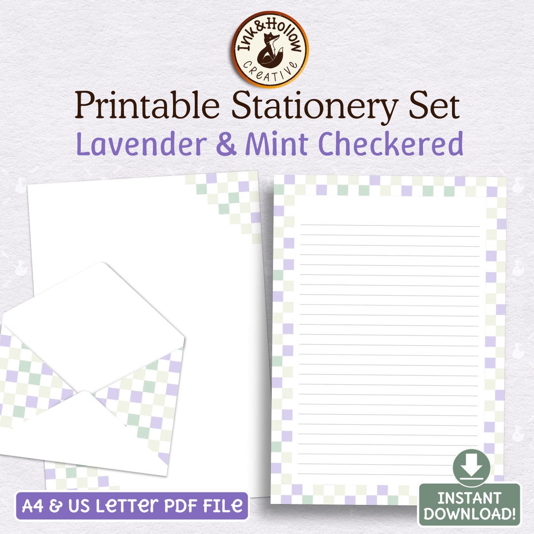Purple and Green Check Pattern Printable Stationery Set. Cute Lavender ...