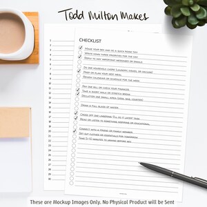 May include: A checklist titled "CHECKLIST" with tasks like "Make your bed" and "Write down three priorities for the day." The text "Todd Milton Makes" is at the top. A pen rests on the page. The text "These are Mockup Images Only. No Physical Product will be Sent" is at the bottom.
