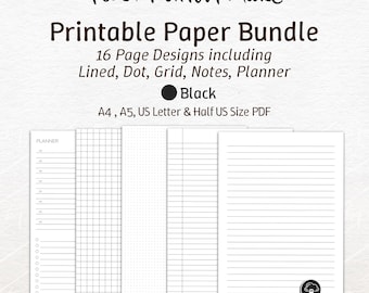 Black Blank Lined Printable Ruled Paper Pack. Printable Dot Paper, Study Notes Taking Pages, Planner, Letter Paper, A4 A5, US Letter Sizes