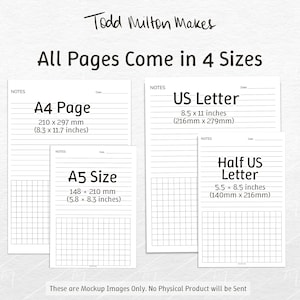 May include: White paper mockups with lined and grid pages in four sizes: A4, A5, US Letter (8.5 x 11 inches), and Half US Letter (5.5 x 8.5 inches). The text "Todd Milton Makes" and "All Pages Come in 4 Sizes" are displayed.