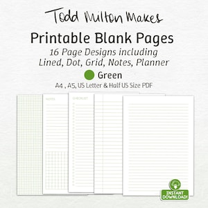 Green Printable Ruled Paper Pack. Blank Lined Dot & Grid Paper, Study Notes Taking Pages, Planner, Letter Paper, A4 A5, US Letter Sizes