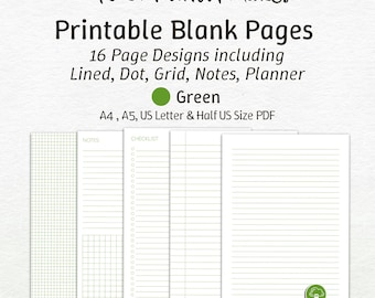 Green Printable Ruled Paper Pack. Blank Lined Dot & Grid Paper, Study Notes Taking Pages, Planner, Letter Paper, A4 A5, US Letter Sizes