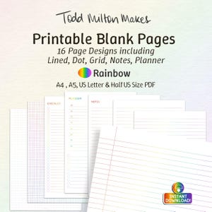 Rainbow Blank Lined Printable Ruled Paper Pack. Printable Dot Paper, Study Notes Taking Pages, Planner, Letter Paper, A4 A5, US Letter Sizes