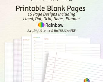 Pakket met blanco gelinieerd papier in regenboogkleuren. Printbaar papier met stippen, pagina's voor studienotities, planner, briefpapier, A4, A5, US Letter-formaten.