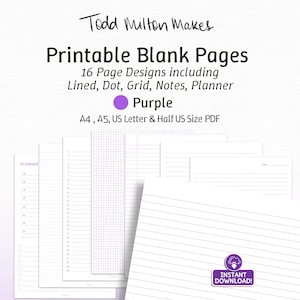Purple Printable Stationary Paper Set. Lined, Grid & Dotted Paper, Study Note, Journal Pages, Day Planner, Letter Paper, A4 A5 US Letter
