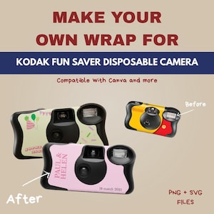 May include: Image of three Kodak Fun Saver disposable cameras with custom wraps. The text "MAKE YOUR OWN WRAP FOR KODAK FUN SAVER DISPOSABLE CAMERA" is at the top. One camera is pink with names and a date, another has a party theme.