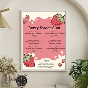 May include: A framed print titled "Berry Sweet Sips" with drink recipes. The recipes include ingredients like strawberry syrup, vodka, and tequila. The design features strawberries and a pink and white color scheme.