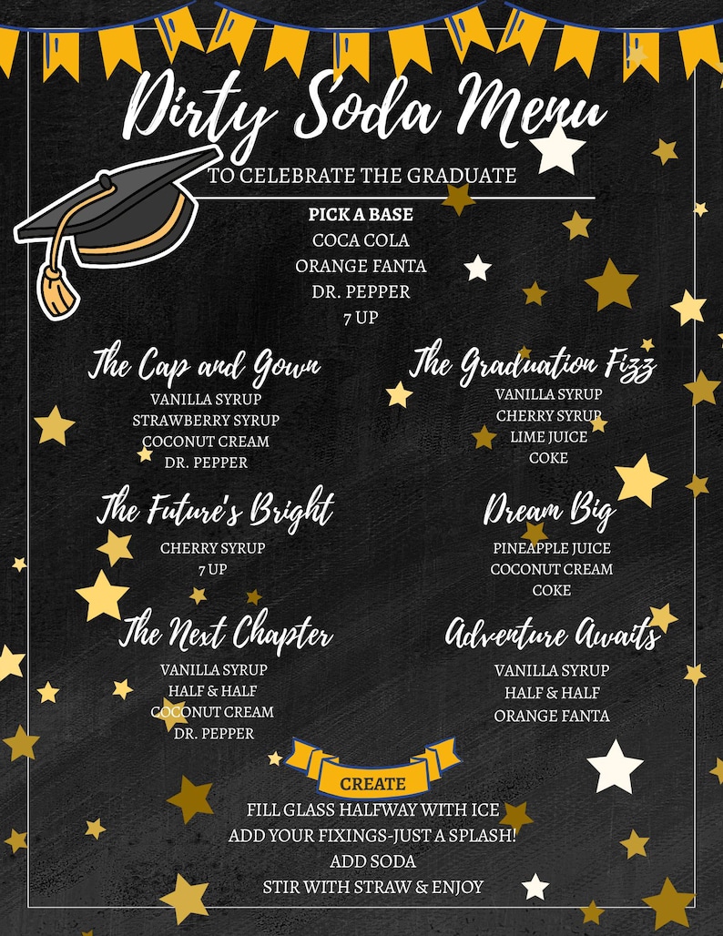 Graduation Soda Bar Menu Black Background 5 Color Options Digital