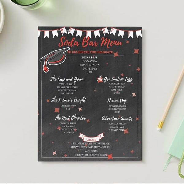 Graduation Soda Bar Menu | Black Background | 5 Color Options | Digital Printable