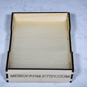 May include: A wooden box with a honeycomb-patterned insert. The box is labeled "mebofarm.etsy.com".