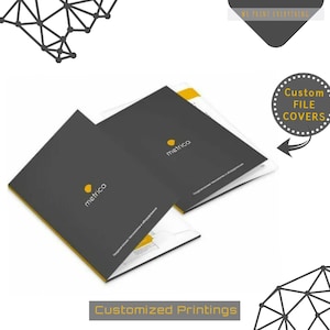 May include: Two open black file covers with the word "metrica" and a yellow dot logo. The file covers are on a white background with the text "Custom File Covers" and "Customized Printings".