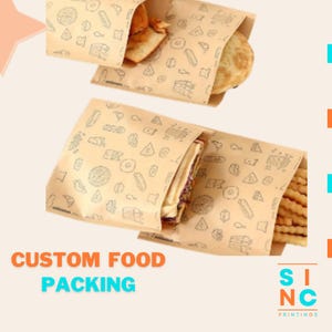 Puede incluir: Bolsas de comida de papel kraft con un patrón repetido de ilustraciones de alimentos. Las bolsas contienen sándwiches y patatas fritas. Las palabras "CUSTOM FOOD PACKING" están impresas en naranja y azul.