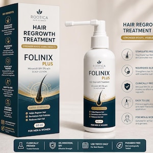 以下が含まれることがあります： Folinix Plus育毛剤の白いボトルと箱。ボトルにはスプレーノズルがあり、60ml入りです。箱とボトルには、男性と女性の育毛を促進するテキストとグラフィックが描かれています。