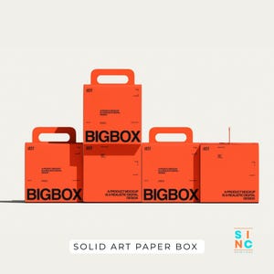 Puede incluir: Cuatro cajas de cart&oacute;n naranja con asas, con la etiqueta "BIGBOX" en texto negro. Cada caja tiene un tama&ntilde;o y dise&ntilde;o &uacute;nicos, con texto adicional y una descripci&oacute;n de la maqueta del producto. Las cajas est&aacute;n dispuestas sobre un fondo blanco.