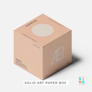 Puede incluir: Una caja cuadrada de papel de arte s&oacute;lido de color melocot&oacute;n con un c&iacute;rculo blanco en la parte superior. La caja presenta el texto "SQUARE BOX" y "ANTHONY BOYD GRAPHICS". La caja tambi&eacute;n tiene las letras "AB" en un dise&ntilde;o blanco. El texto "SOLID ART PAPER BOX" est&aacute; en la parte inferior.