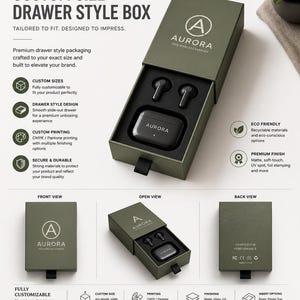 May include: An olive green custom size drawer style box with the text "AURORA TRUE WIRELESS EARBUDS" and a black pull tab. The box contains black earbuds and a charging case. The box is designed to fit products perfectly.