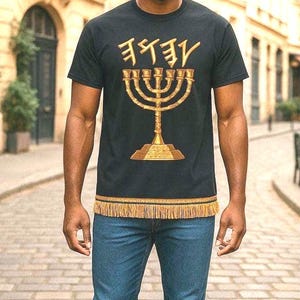 Hebrew Israelite black T-shirts menorah gold with fringes, blue ribbon